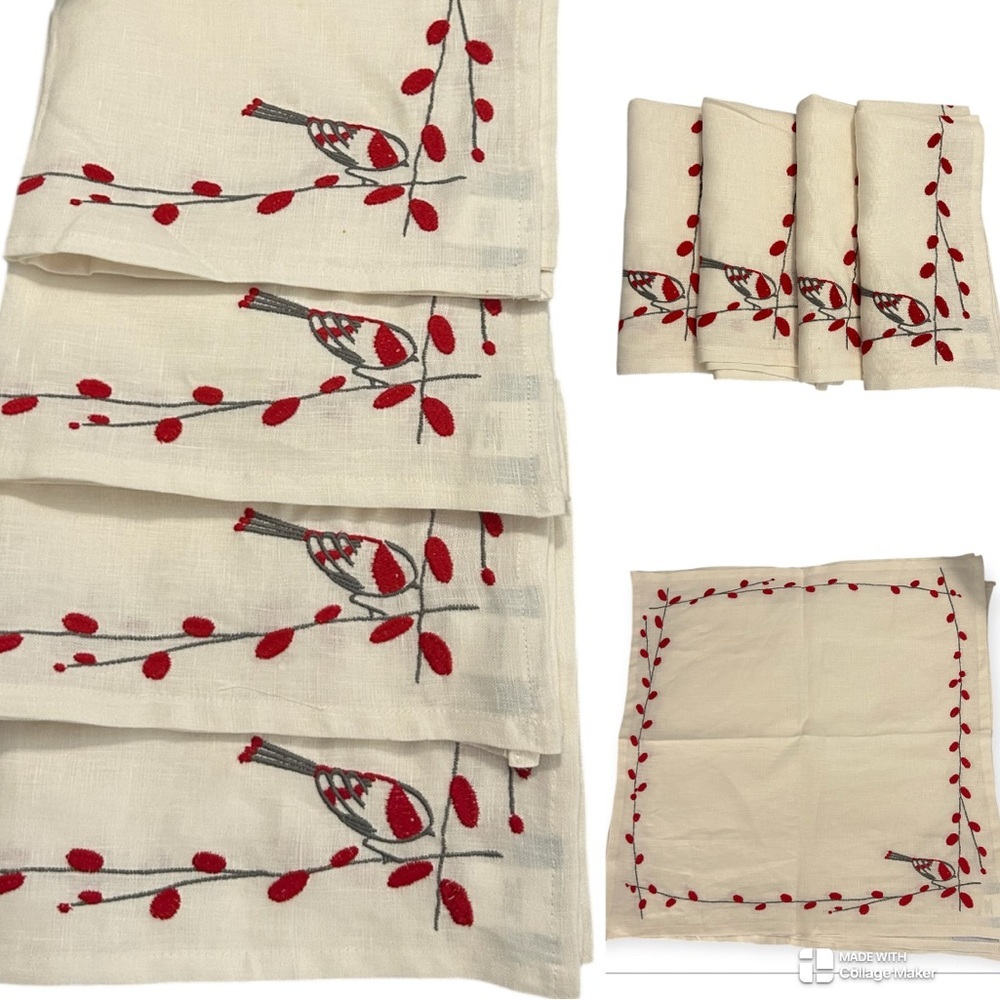The Company Store Linen Napkins with Red and gray Embroidery